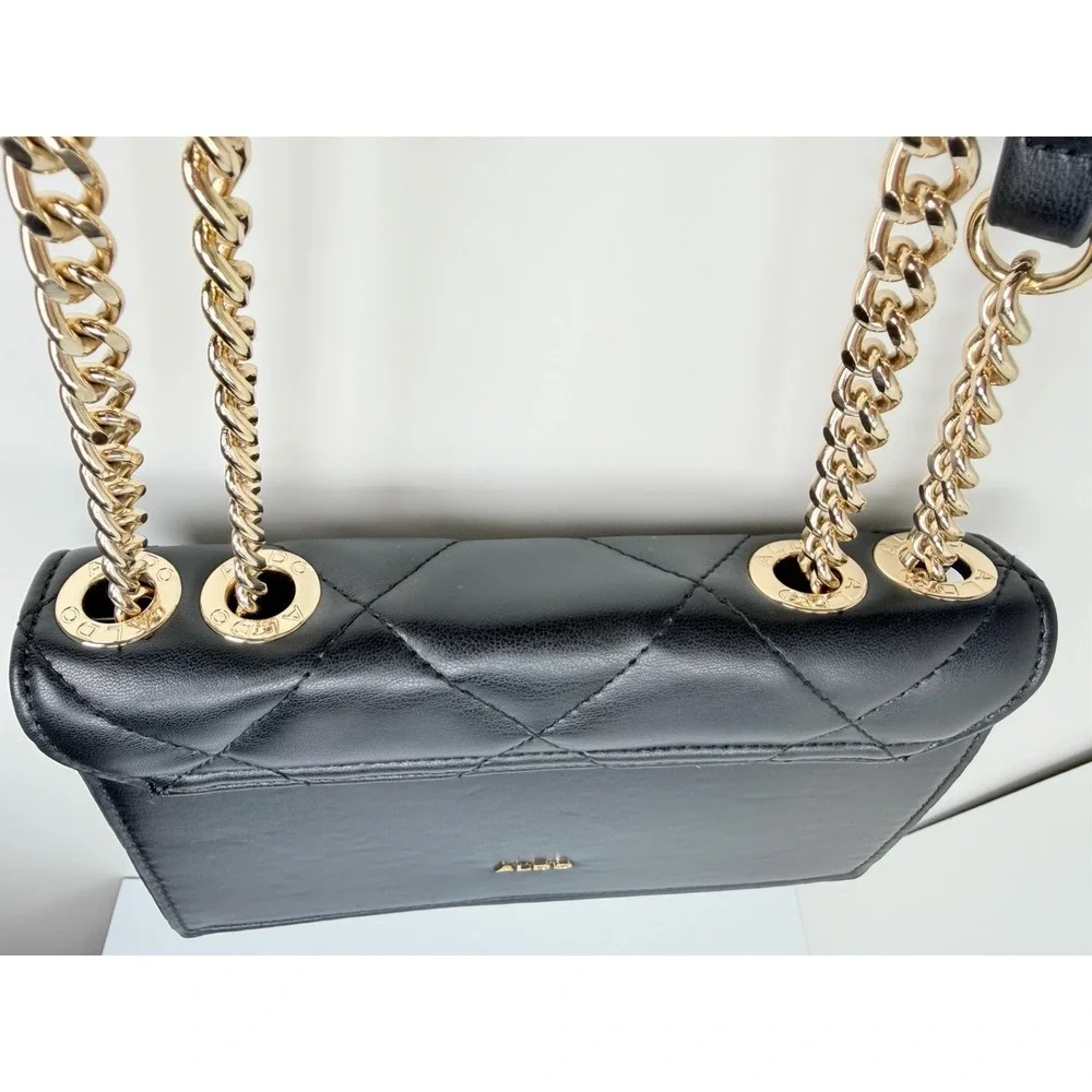 ALDO Quilted Crossbody Bag Black Gold Chain‎ Strap Shoulder Purse One Size